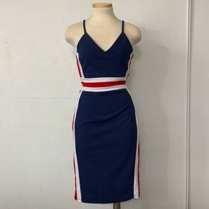 Blue and red midi dress